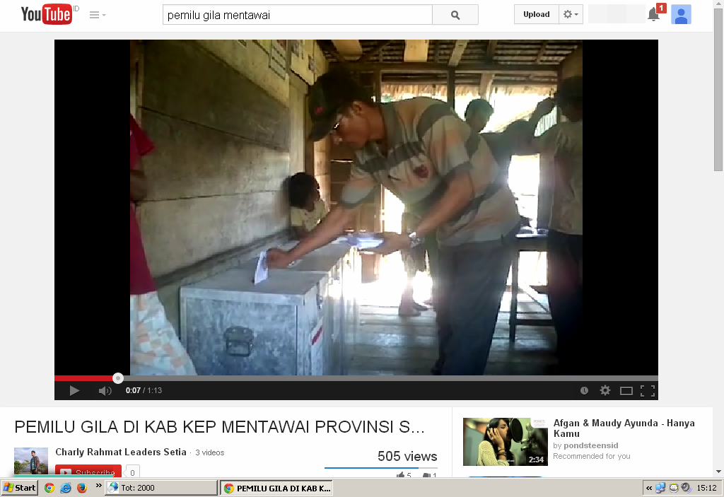 Laman youtube berisikan judul "Pemilu Gila di Kab. Mentawai Provinsi Sumbar". 