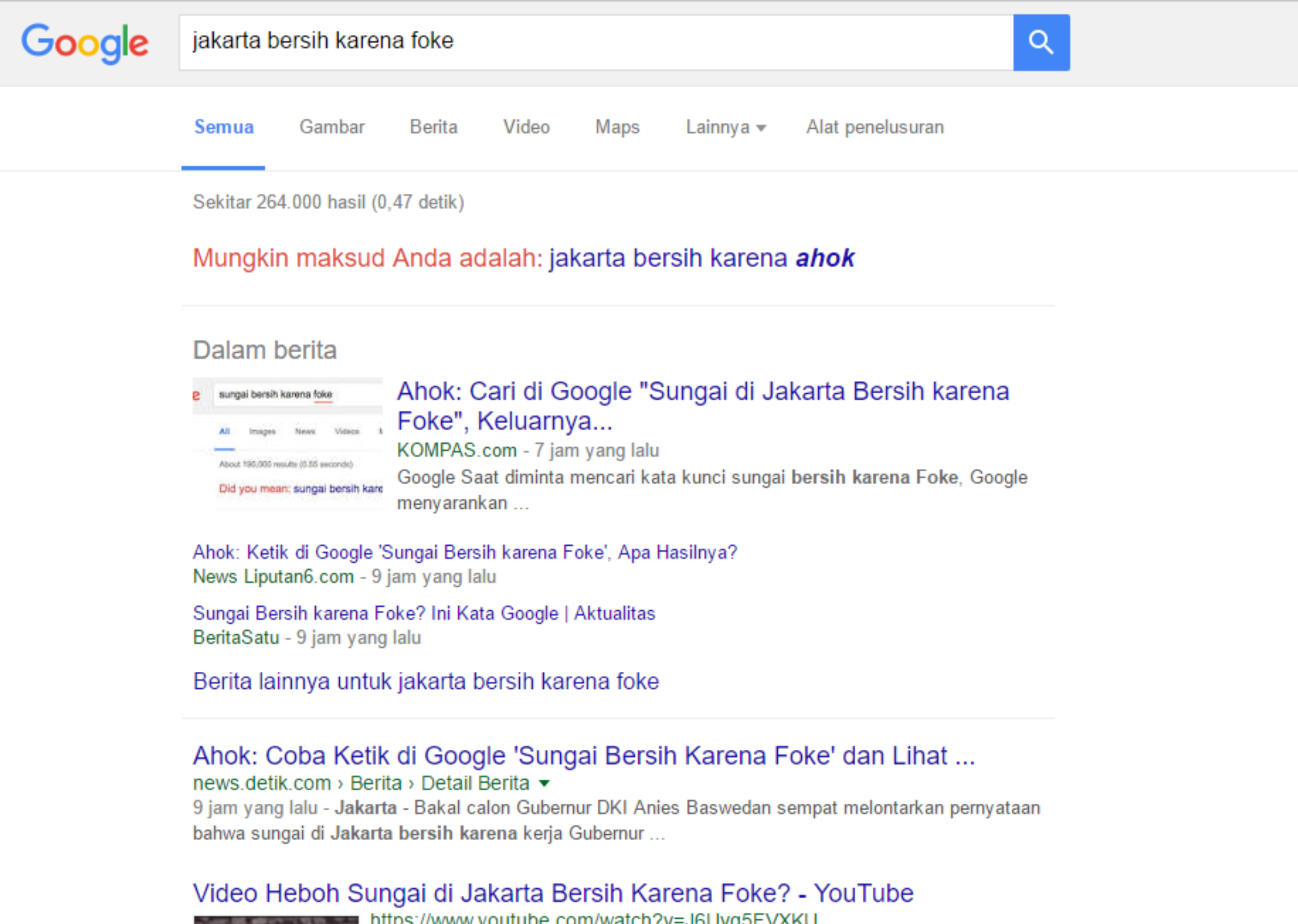 Screenshot pencarian 'Karena Foke', Google menyarankan 'Karena Ahok;. Foto : Istimewa